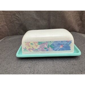 Vintage Ceramic Butter Dish Japan Pastel Blue, Purple, and Green Pattern